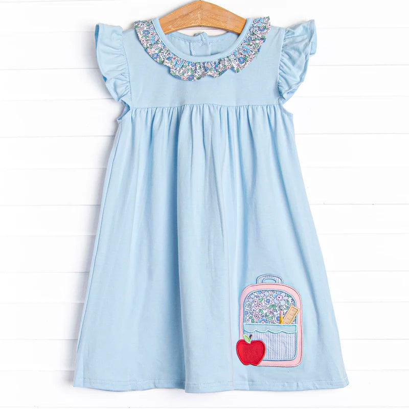 MOQ 5 PCS Preorder GSD3118 Back to School Apple Backpack Flower Blue Ruffle Flying Sleeve Dresses for Girls 202511