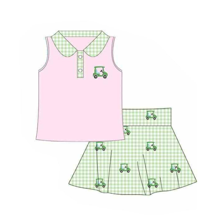 MOQ 5 PCS Preorder GSD3120 Golf Sightseeing Vehicle Green Plaid Doll Collar Pink Sleeveless Skirts Girls Sets 202511