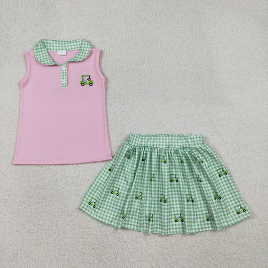 GSD3120 Golf Sightseeing Vehicle Green Plaid Doll Collar Pink Sleeveless Skirts Girls Sets 202601 RTS