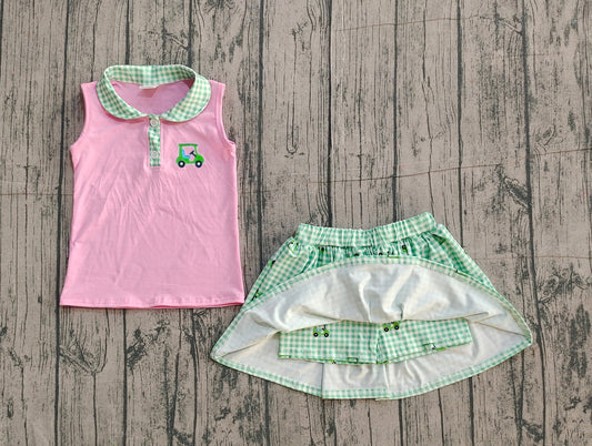 NO MOQ Preorder GSD3120 Golf Sightseeing Vehicle Green Plaid Doll Collar Pink Sleeveless Skirts Girls Sets 202512