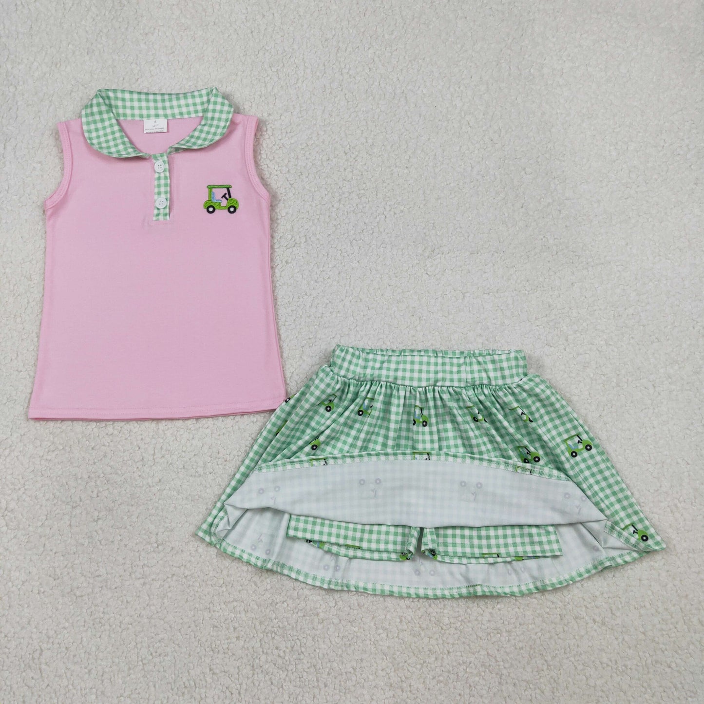 GSD3120 Golf Sightseeing Vehicle Green Plaid Doll Collar Pink Sleeveless Skirts Girls Sets 202601 RTS