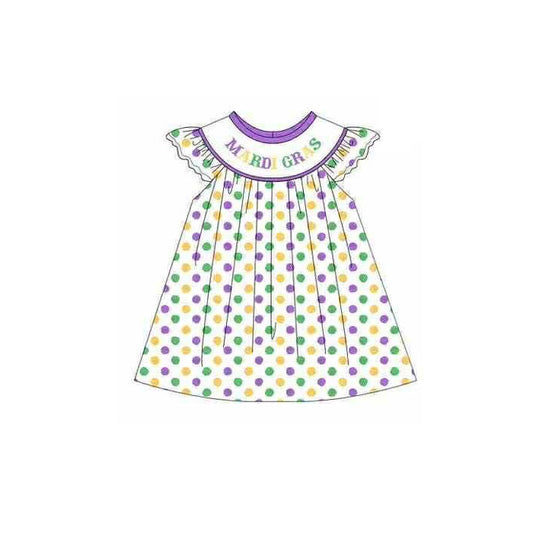 MOQ 5 PCS Preorder GSD3122 Mardi Gras Colored Dots Flying Sleeve Dresses for Girls 202511