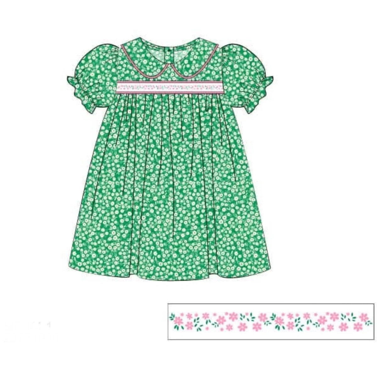 MOQ 5 PCS Preorder GSD3124 Floral Doll Collar Green Short Sleeve Dresses for Girls 202511