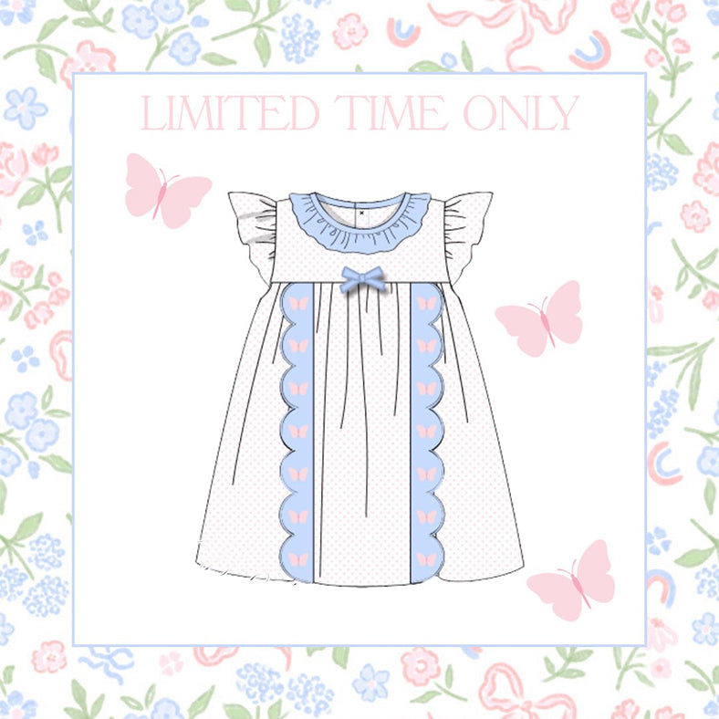 MOQ 5 PCS Preorder GSD3136 Pink Butterfly Blue Ruffle Polka Dot Flying Sleeve Dresses for Girls 202511