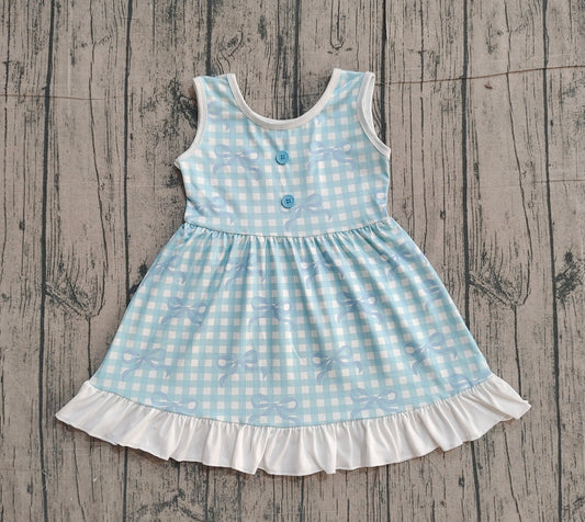 NO MOQ Preorder GSD3144 Blue Bows Plaid Ruffle Sleeveless Dresses for Girls 202512