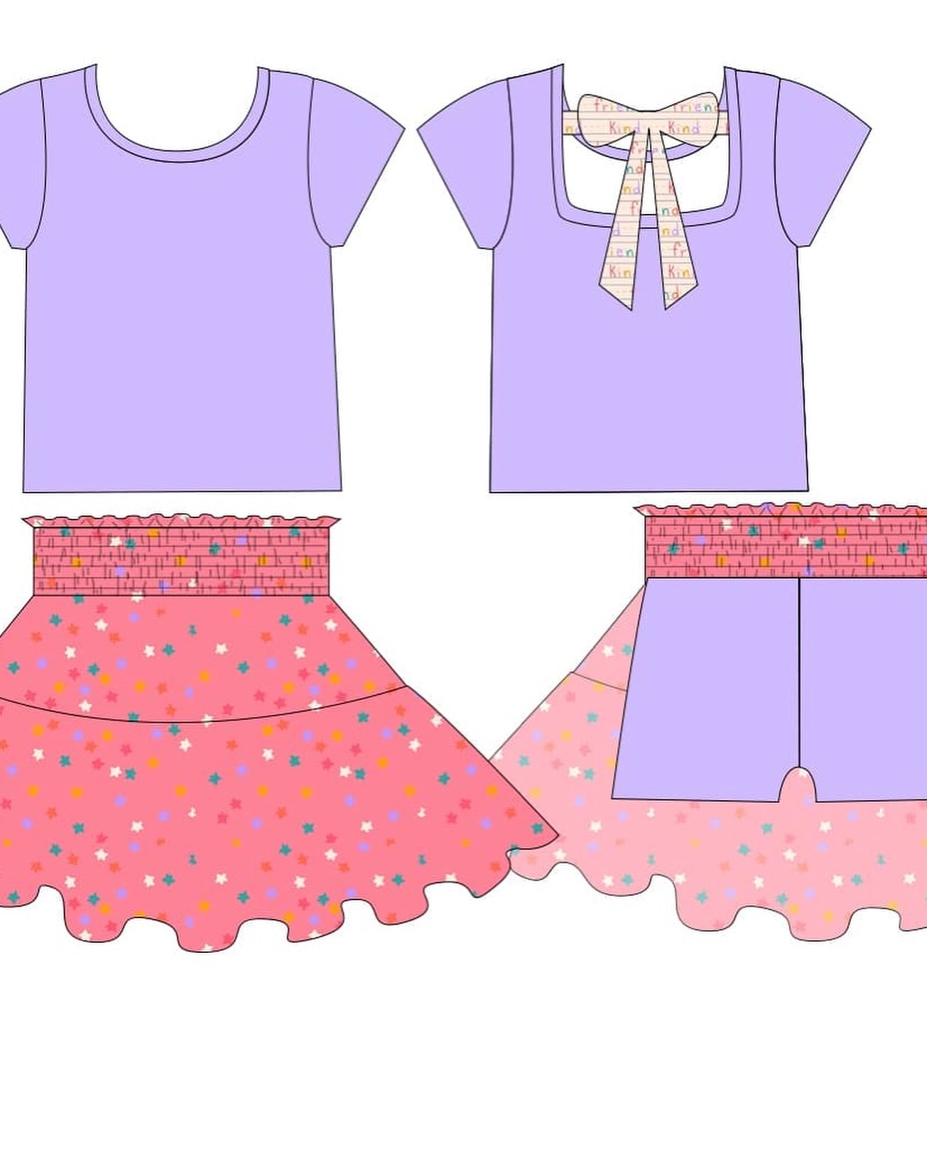 MOQ 5 PCS Preorder GSD3147 Kind Friend Colored Star Purple Short Sleeve Skirts Girls Sets 202511