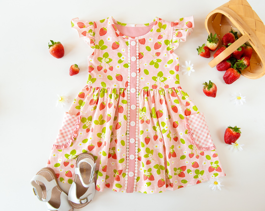 MOQ 5 PCS Preorder GSD3150 Flower Leaf strawberry Pink Plaid Pocket Buttons Flying Sleeve Dresses for Girls 202511