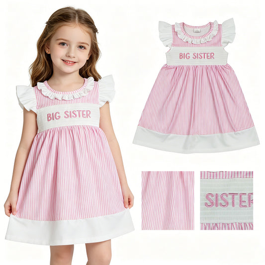 GSD3153 Smocked Big Sister White Ruffle Flying Sleeve Pink Dresses for Girls 202604 RTS