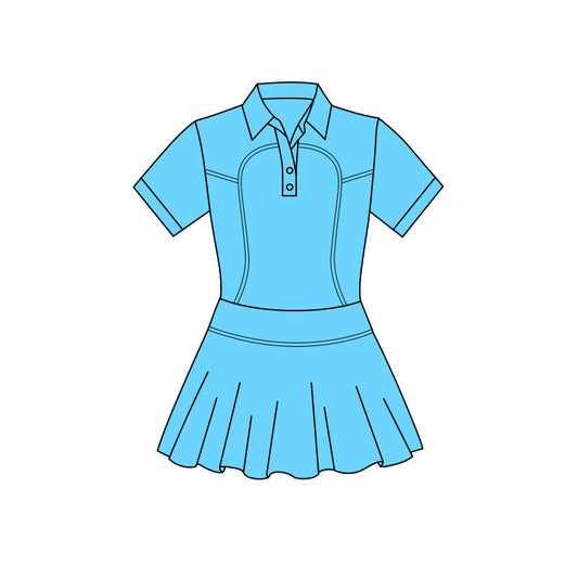 MOQ 5 PCS preorder GSD3159 Solid Blue Buttons Polo Short Sleeve Yoga Dresses for Girls 202511