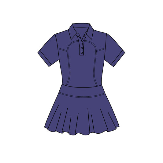 MOQ 5 PCS preorder GSD3165 Solid Navy Buttons Polo Short Sleeve Yoga Dresses for Girls 202511
