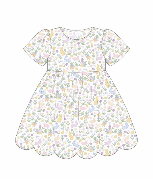MOQ 5 PCS Preorder GSD3173 Easter Bunny Flower White Short Sleeve Dresses for Girls 202511