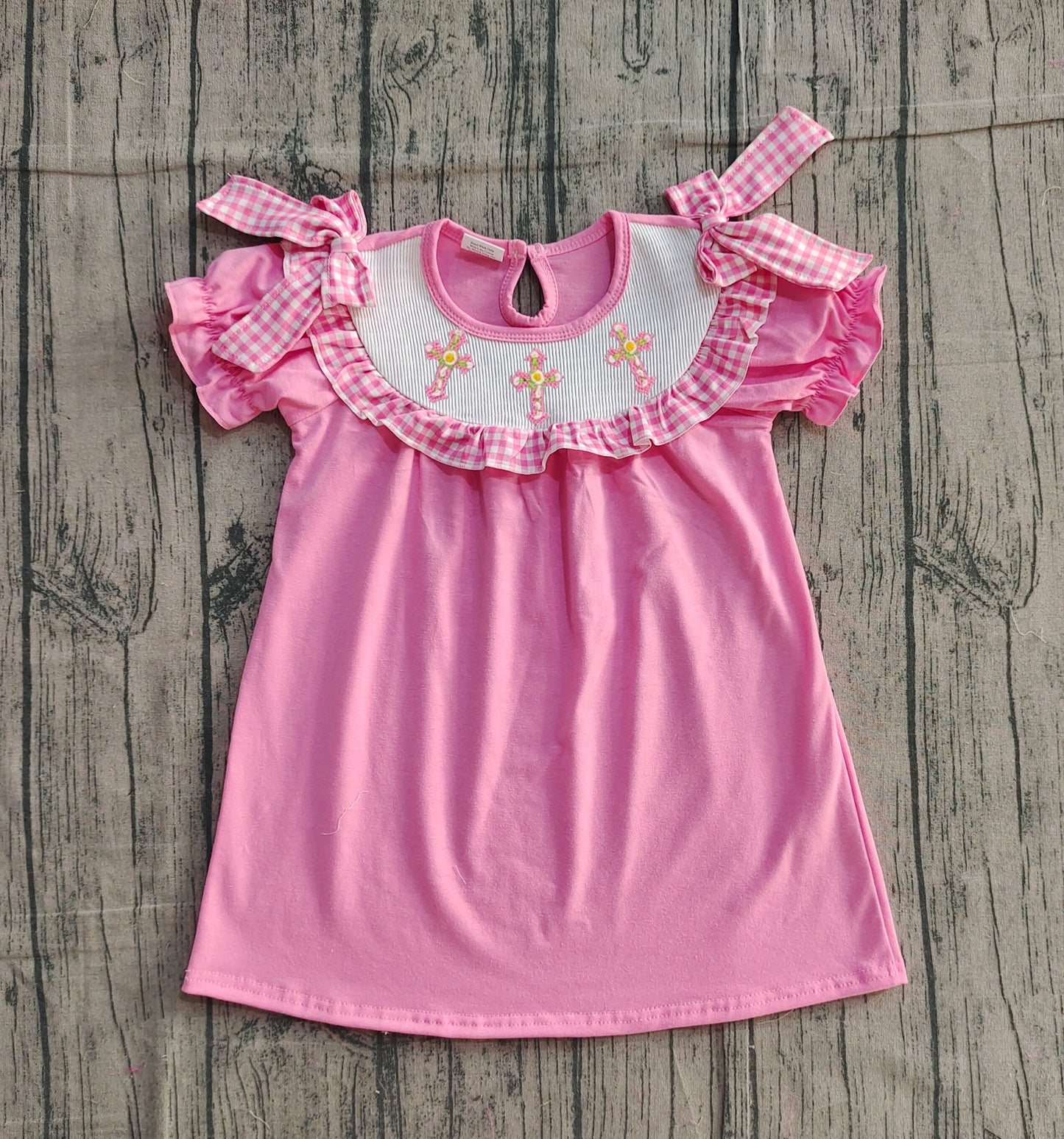 NO MOQ Preorder GSD3178 Smocked Easter Cross Rose Red Short Sleeve Dresses for Girls 202511