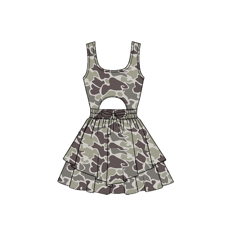 MOQ 5 PCS preorder GSD3191 Gray Green Brown Camouflage Openwork Sleeveless Yoga Dresses for Girls 202511