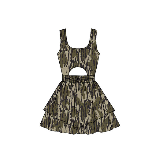 MOQ 5 PCS preorder GSD3192 Army Green Camouflage Openwork Sleeveless Yoga Dresses for Girls 202511