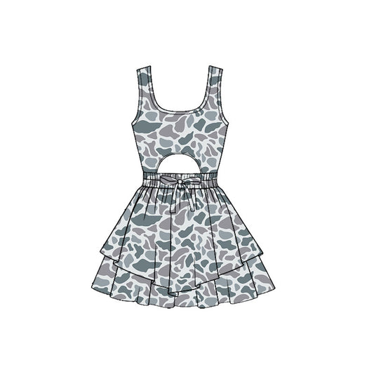 MOQ 5 PCS preorder GSD3193 Gray Camouflage Openwork Sleeveless Yoga Dresses for Girls 202511
