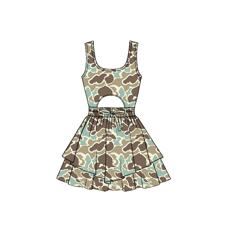 MOQ 5 PCS preorder GSD3194 Blue Green Brown Camouflage Openwork Sleeveless Yoga Dresses for Girls 202511