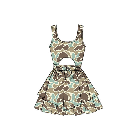 MOQ 5 PCS preorder GSD3194 Blue Green Brown Camouflage Openwork Sleeveless Yoga Dresses for Girls 202511