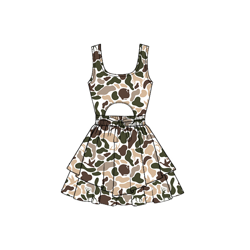 MOQ 5 PCS preorder GSD3196 Puppy Deer Duck Beige Brown Camouflage Openwork Sleeveless Yoga Dresses for Girls 202511