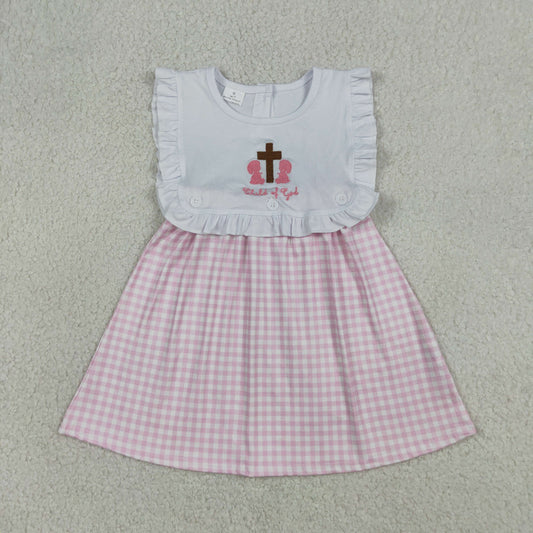 GSD3201 Easter Cross White Ruffle Pink Plaid Sleeveless Dresses for Girls 202604 RTS