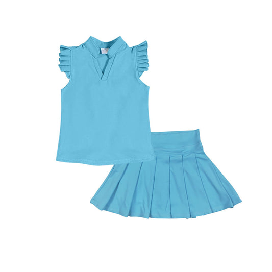 MOQ 5 PCS preorder GSD3202 V-Neck Solid Sky Blue Ruffle Flying Sleeve with Pleated Skirts for Girls Yoga Sets 202511
