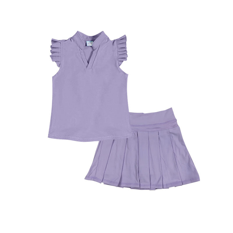 MOQ 5 PCS preorder GSD3204 V-Neck Solid Purple Ruffle Flying Sleeve with Pleated Skirts for Girls Yoga Sets 202511