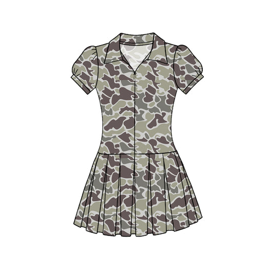 MOQ 5 PCS preorder GSD3214 Gray Green Brown Camouflage Zipper Polo Short Sleeve Pleated Yoga Dresses for Girls 202511