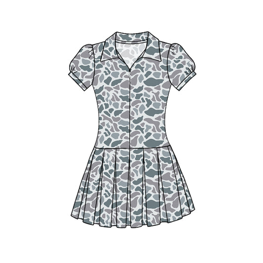 MOQ 5 PCS preorder GSD3216 Gray Camouflage Zipper Polo Short Sleeve Pleated Yoga Dresses for Girls 202511