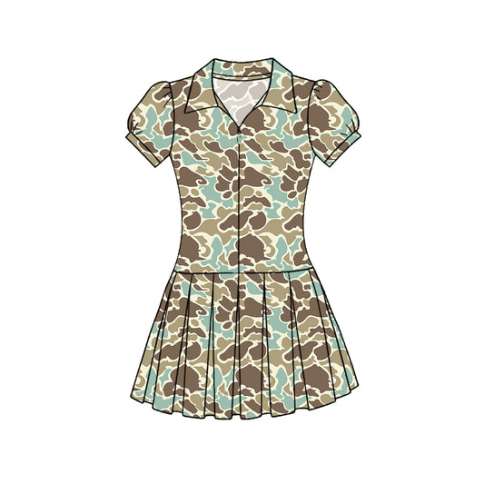 MOQ 5 PCS preorder GSD3217 Blue Green Brown Camouflage Zipper Polo Short Sleeve Pleated Yoga Dresses for Girls 202511