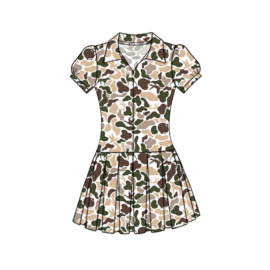 MOQ 5 PCS preorder GSD3219 Duck Hunting Beige Green Camouflage Zipper Polo Short Sleeve Pleated Yoga Dresses for Girls 202511