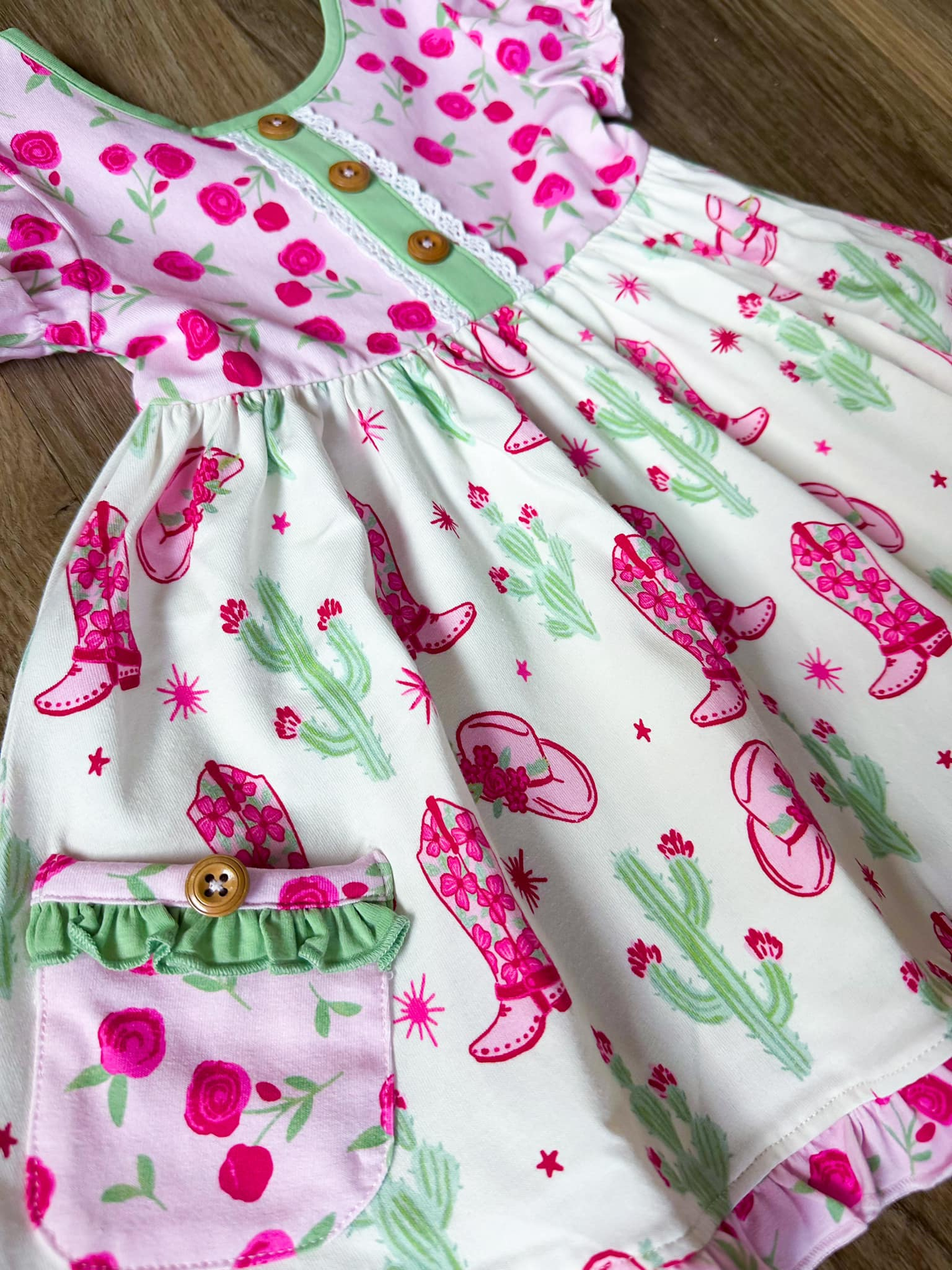 MOQ 5 PCS Preorder GSD3228 Flower Boots Cactus Ruffle Pocket Short Sleeve Dresses for Girls 202511