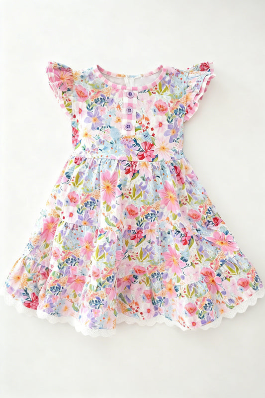 MOQ 5 PCS Preorder GSD3235 Flower Lace Ruffle Flying Sleeve Dresses for Girls 202511