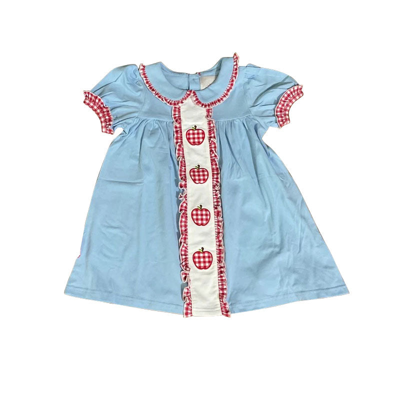 MOQ 5 PCS Preorder GSD3241 Red Plaid Apple Doll Collar Blue Short Sleeve Dresses for Girls 202511