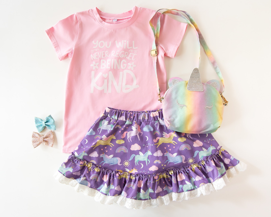 MOQ 5 PCS Preorder GSD3242 Letter "Kind" Unicorn Rainbow Pink Short Sleeve Skirts for Girls Sets 202511