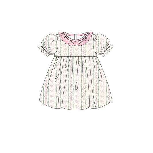 MOQ 5 PCS Preorder GSD3244 Bows Stripe Pink Ruffle Short Sleeve Dresses for Girls 202511