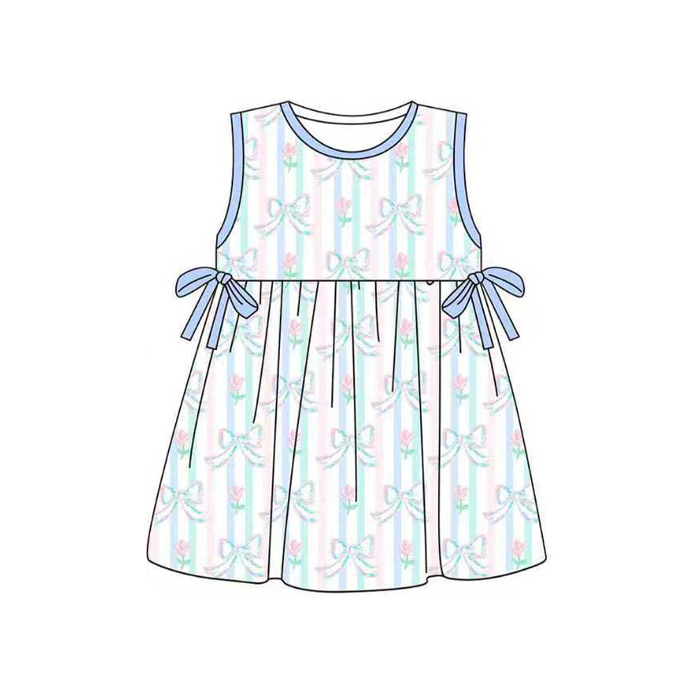 MOQ 5 PCS Preorder GSD3246 Bows Flower Stripe Blue Sleeveless Dresses for Girls 202511