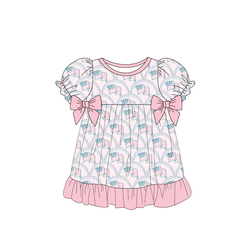 MOQ 5 PCS Preorder GSD3254 4th of July Flag Bows Pink Ruffle Short Sleeve Dresses for Girls 202511