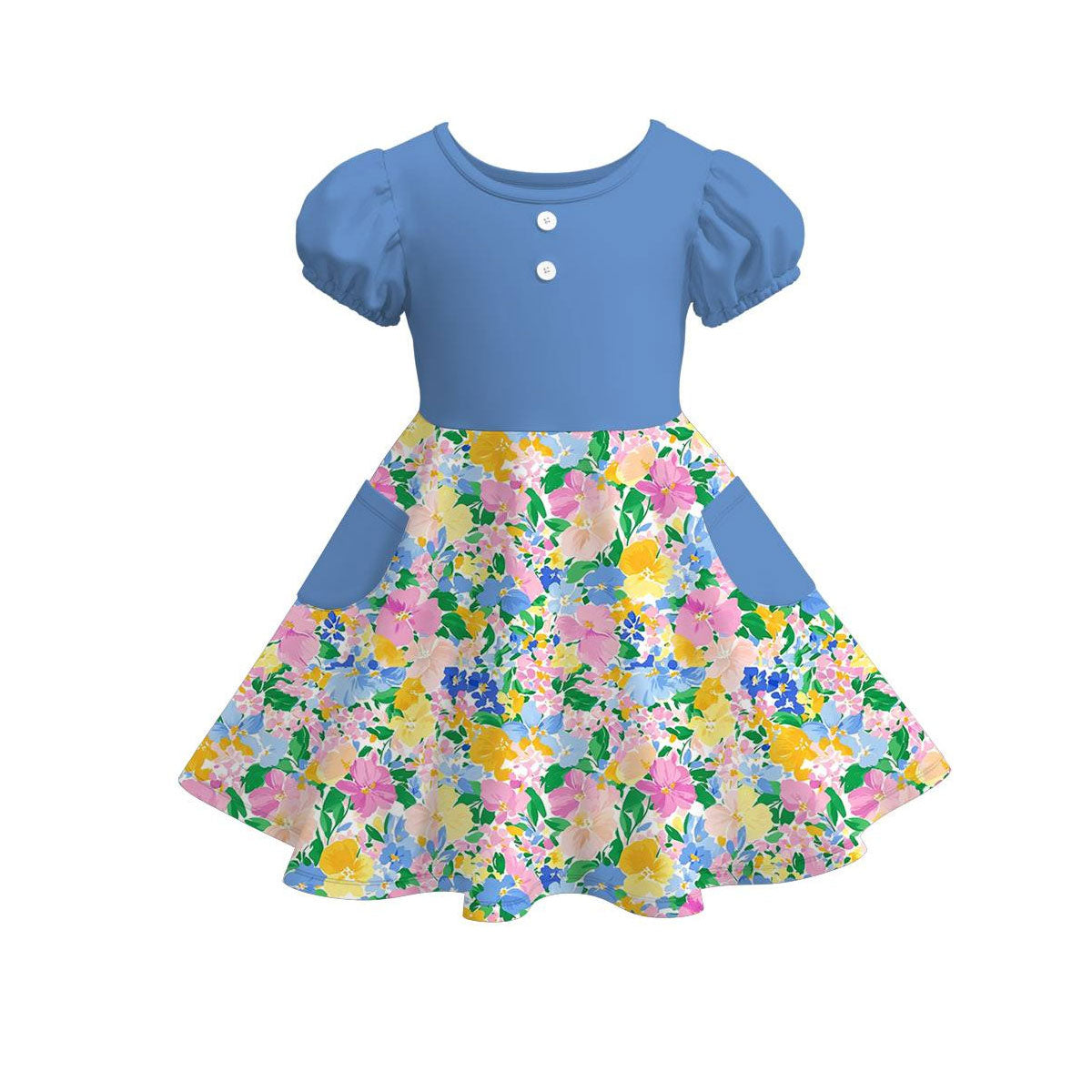 MOQ 5 PCS Preorder GSD3265 Flower Leaf Blue Pocket Short Sleeve Dresses for Girls 202511