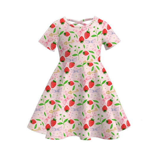 MOQ 5 PCS Preorder GSD3266 Strawberry Leaf Bows Pink Short Sleeve Dresses for Girls 202511