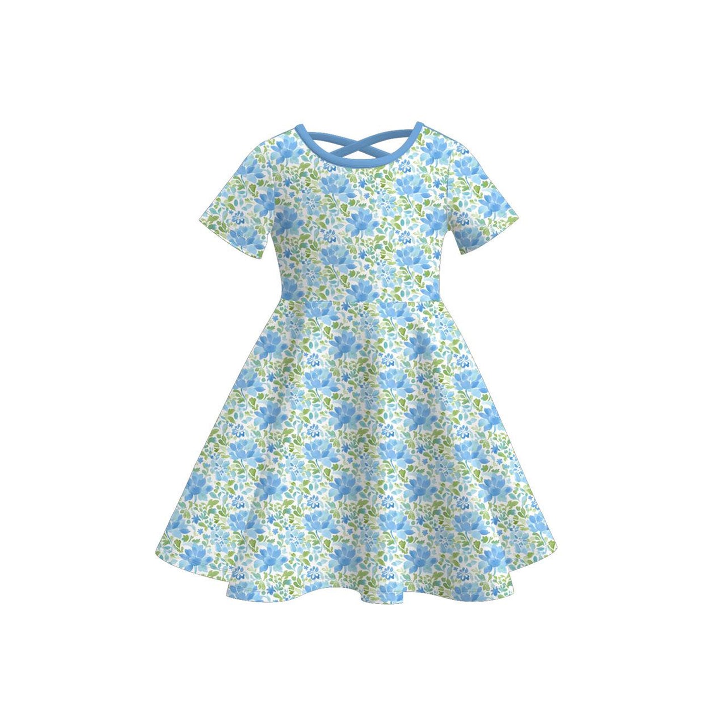 MOQ 5 PCS Preorder GSD3267 Flower Leaf Blue O-Neck Short Sleeve Dresses for Girls 202511