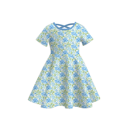 MOQ 5 PCS Preorder GSD3267 Flower Leaf Blue O-Neck Short Sleeve Dresses for Girls 202511