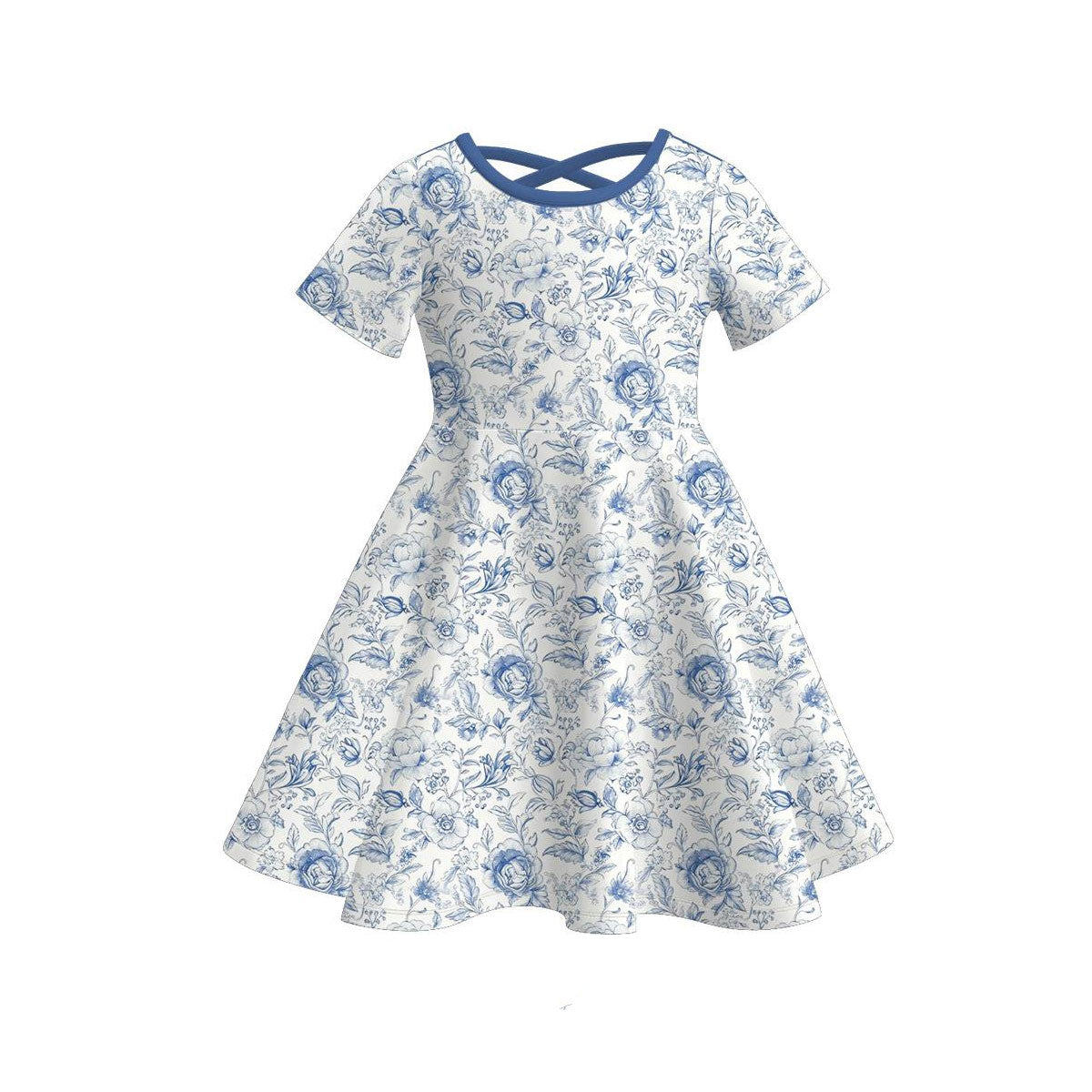 MOQ 5 PCS Preorder GSD3268 Flower Blue White Short Sleeve Dresses for Girls 202511