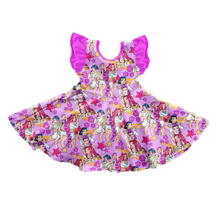 MOQ 5 PCS Preorder GSD3273 K-POP Flower Star Purple Ruffle Flying Sleeve Dresses for Girls 202511