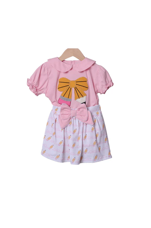 MOQ 5 PCS Preorder GSD3280 Back to School Pencil Bows Pink Doll Collar Short Sleeve Stripe Skirts for Girls Sets 202511
