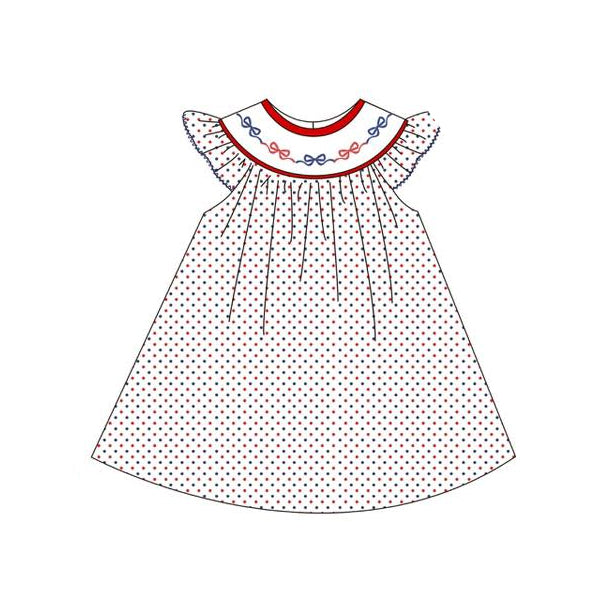 MOQ 5 PCS Preorder GSD3282 4th of July Red Blue Bows Dots Flying Sleeve Dresses for Girls 202511