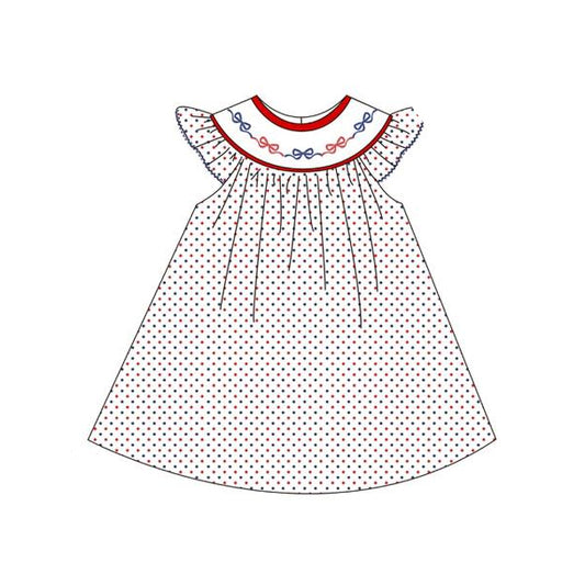 MOQ 5 PCS Preorder GSD3282 4th of July Red Blue Bows Dots Flying Sleeve Dresses for Girls 202511