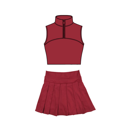 MOQ 5 preorder GSD3291 Solid Dark Red Zip Collar Sleeveless Pleated Skirts for Girls Yoga Sets 202511
