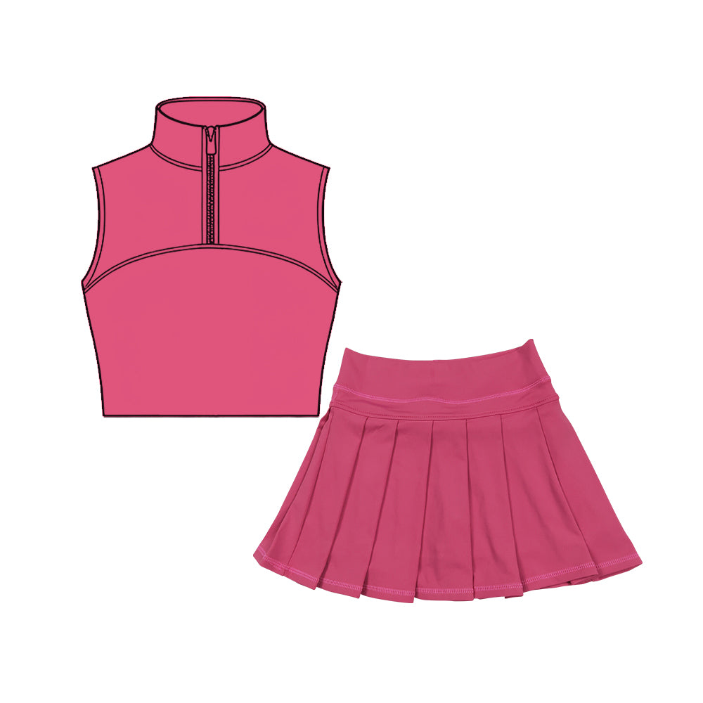 MOQ 5 preorder GSD3294 Solid Rose Red Zip Collar Sleeveless Pleated Skirts for Girls Yoga Sets 202511