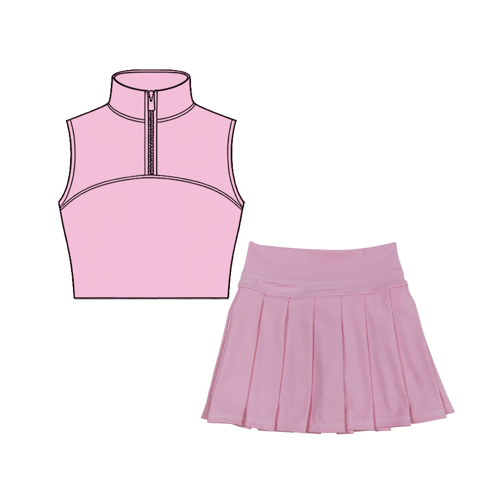 MOQ 5 preorder GSD3295 Solid Pink Zip Collar Sleeveless Pleated Skirts for Girls Yoga Sets 202511