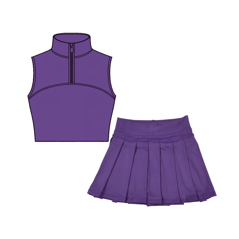MOQ 5 preorder GSD3296 Solid Purple Zip Collar Sleeveless Pleated Skirts for Girls Yoga Sets 202511