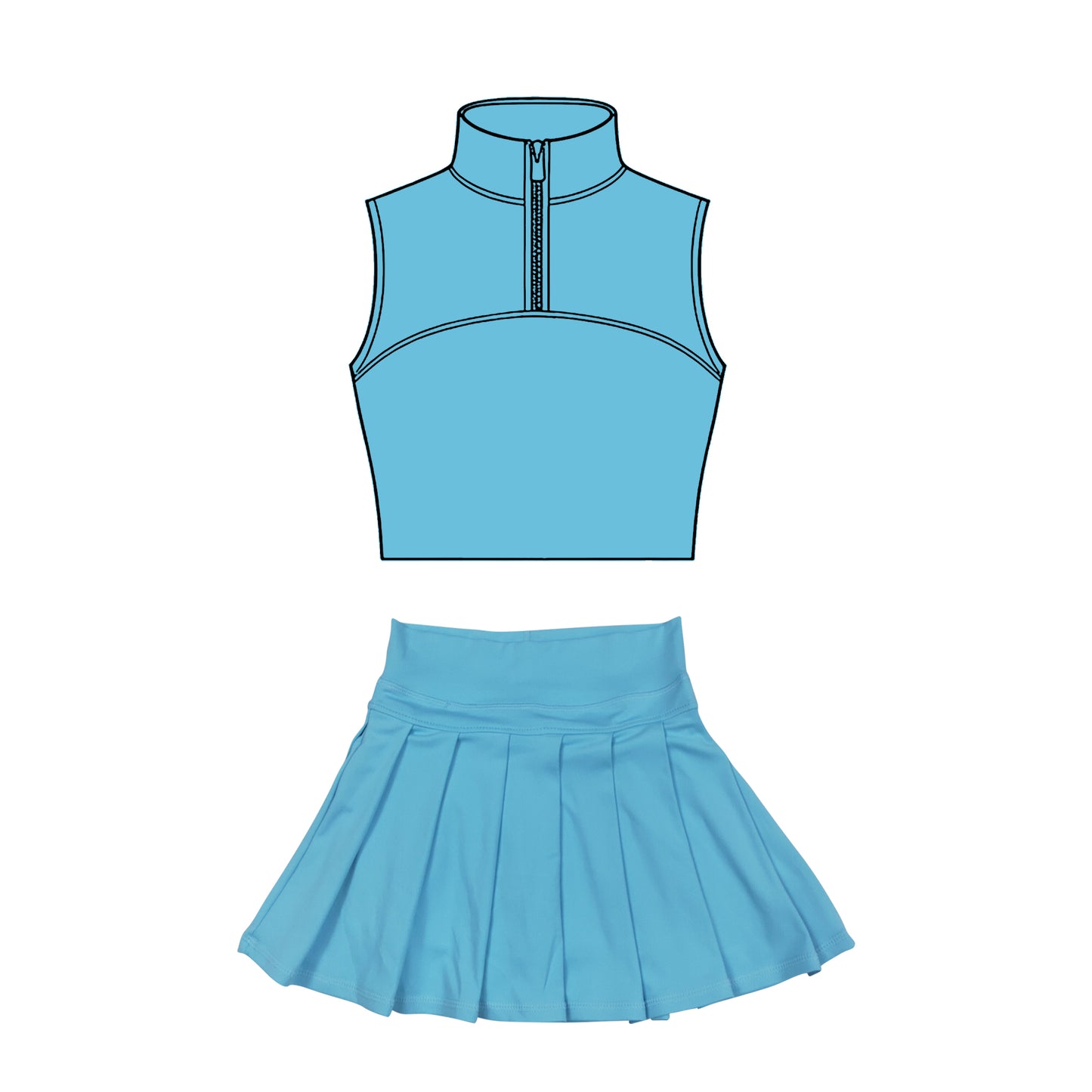 MOQ 5 preorder GSD3301 Solid Sky Blue Zip Collar Sleeveless Pleated Skirts for Girls Yoga Sets 202511